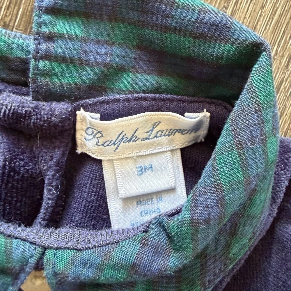 Ralph Lauren Vintage Navy Velvet Baby Dress with Green Plaid Trim
